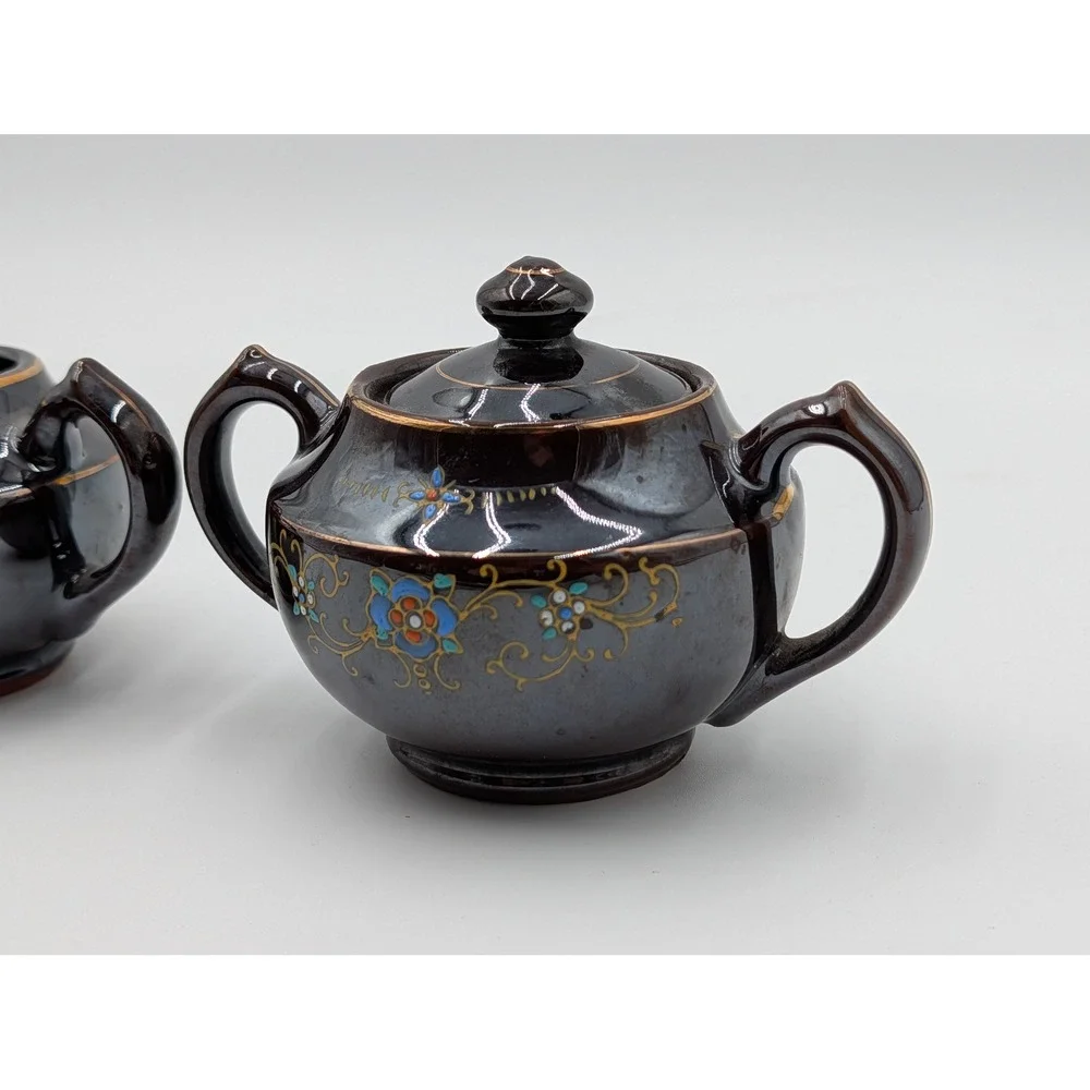 Vintage Japan Ceramic Creamer Pitcher‎ and Sugar Bowl with Lid Floral Accents